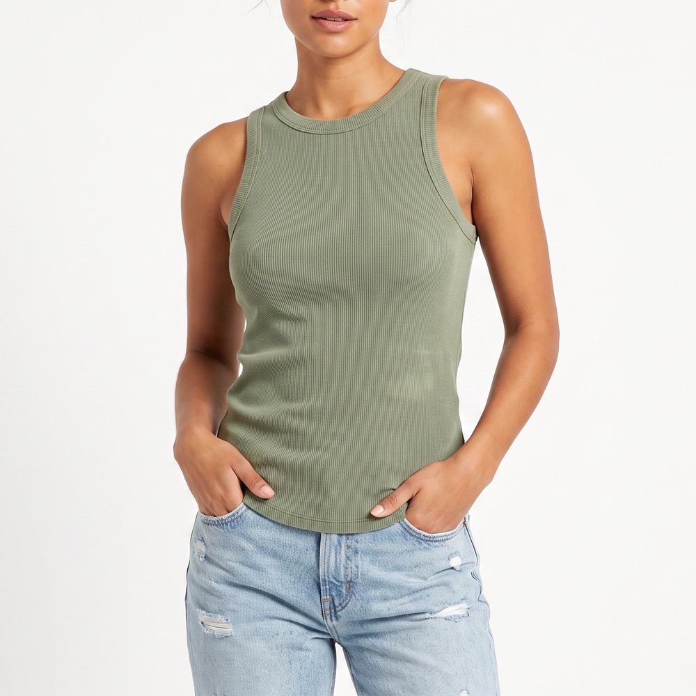 SO Tank Top Womens S Ribbed Olive Green Sleeveless Curved Hem Excellent